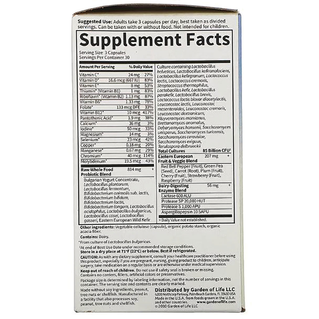 Supplement Facts panel listing vitamins, probiotic blend, directions and other ingredients on product back - Thumbnail