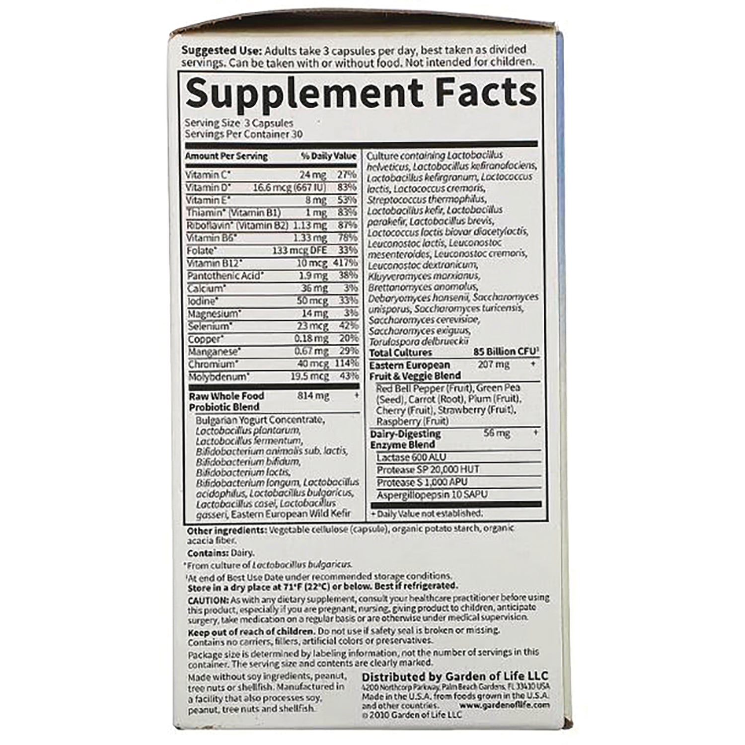 Supplement Facts panel listing vitamins, probiotic blend, directions and other ingredients on product back