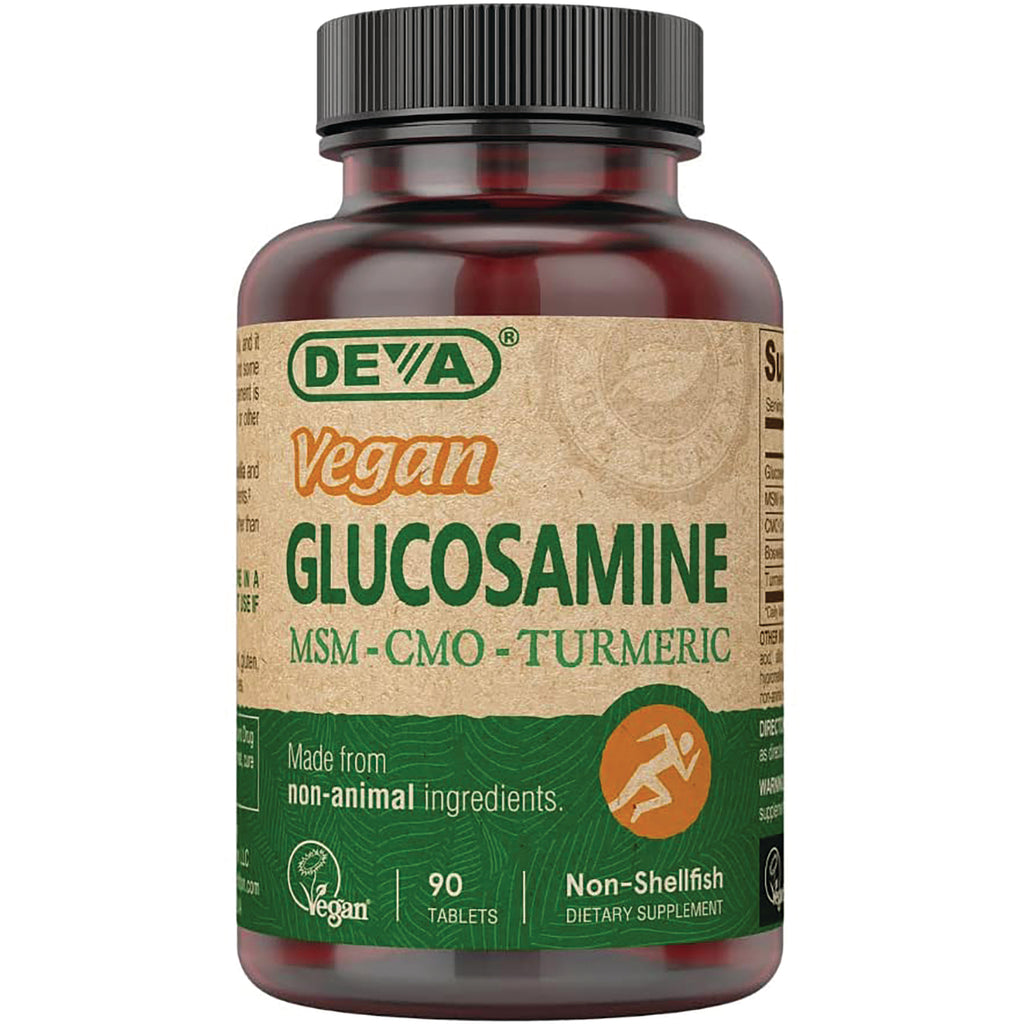 DEV010 | Brown supplement bottle labeled DEVA Vegan GLUCOSAMINE MSM-CMO-TURMERIC, 90 tablets, non-animal ingredients - Thumbnail