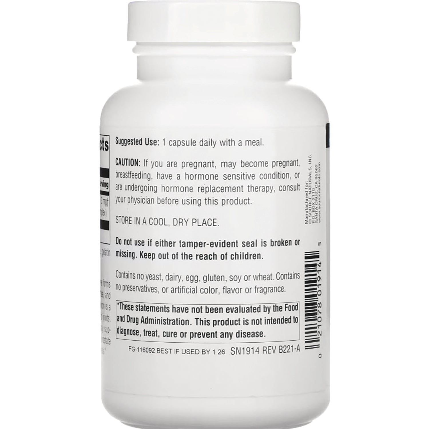SN829 | Back label with suggested use, caution, storage directions, and FDA disclaimer