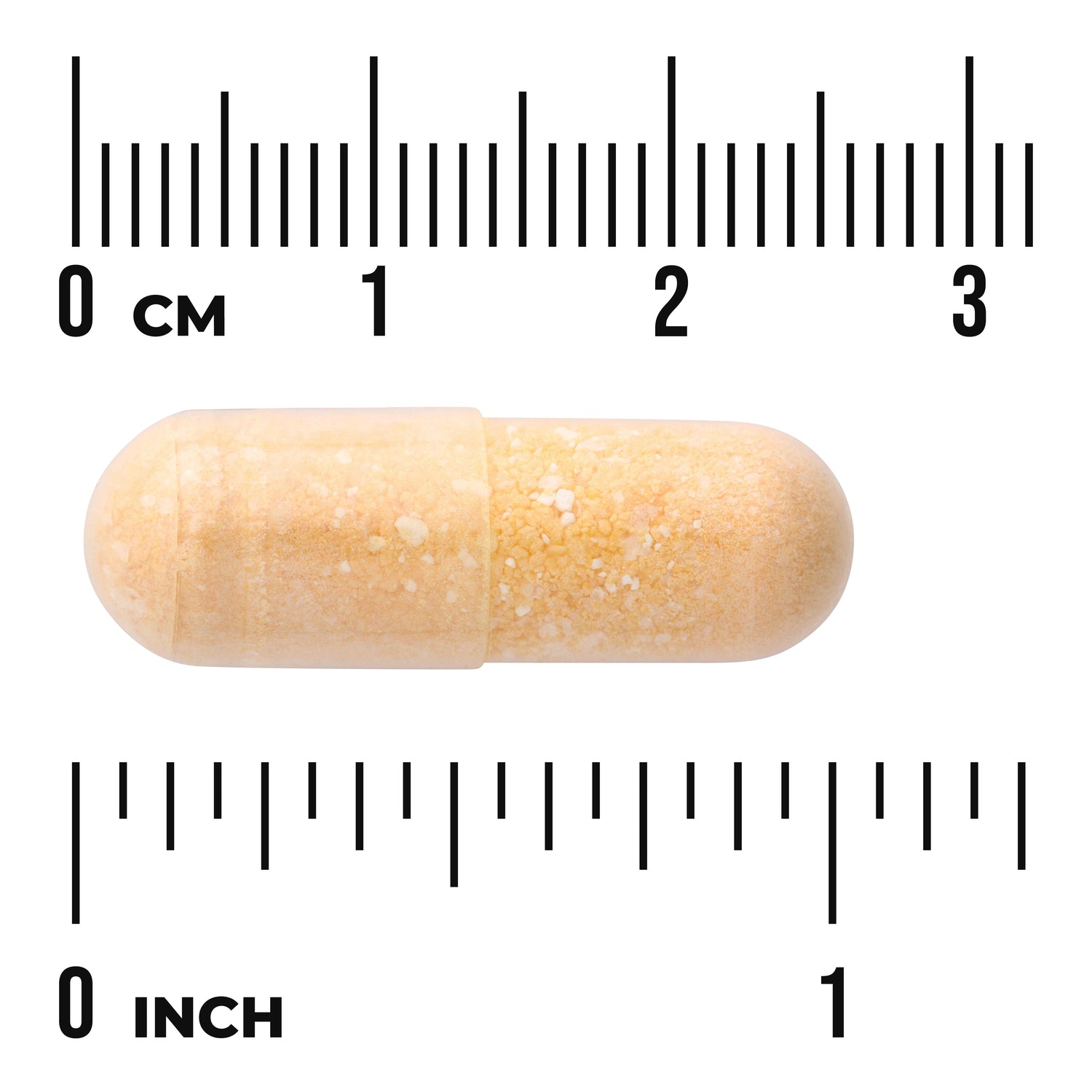 SWC085 | Beige capsule with size reference next to rulers marked CM and INCH