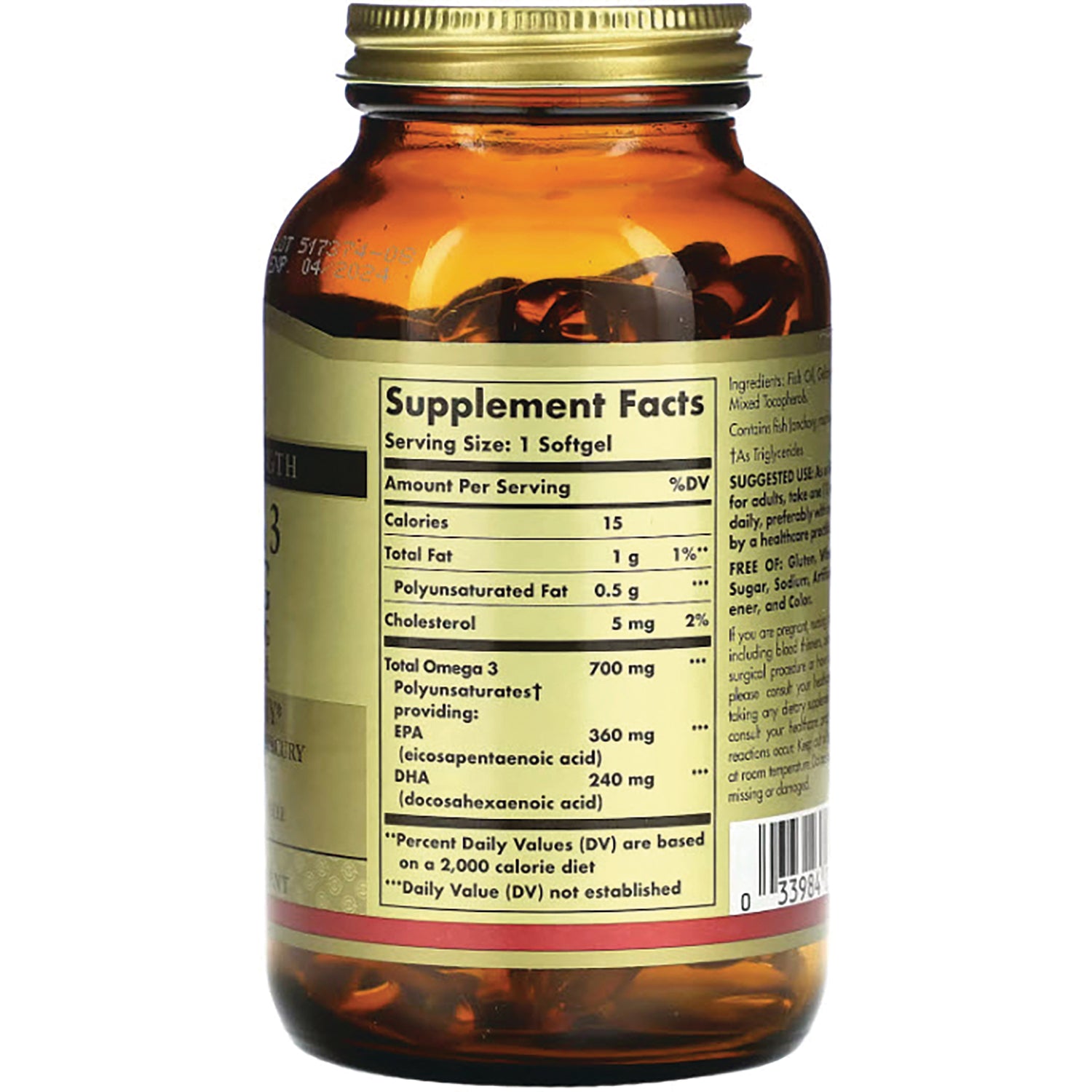 SLG235 | Back label showing Supplement Facts panel and barcode on amber softgel bottle