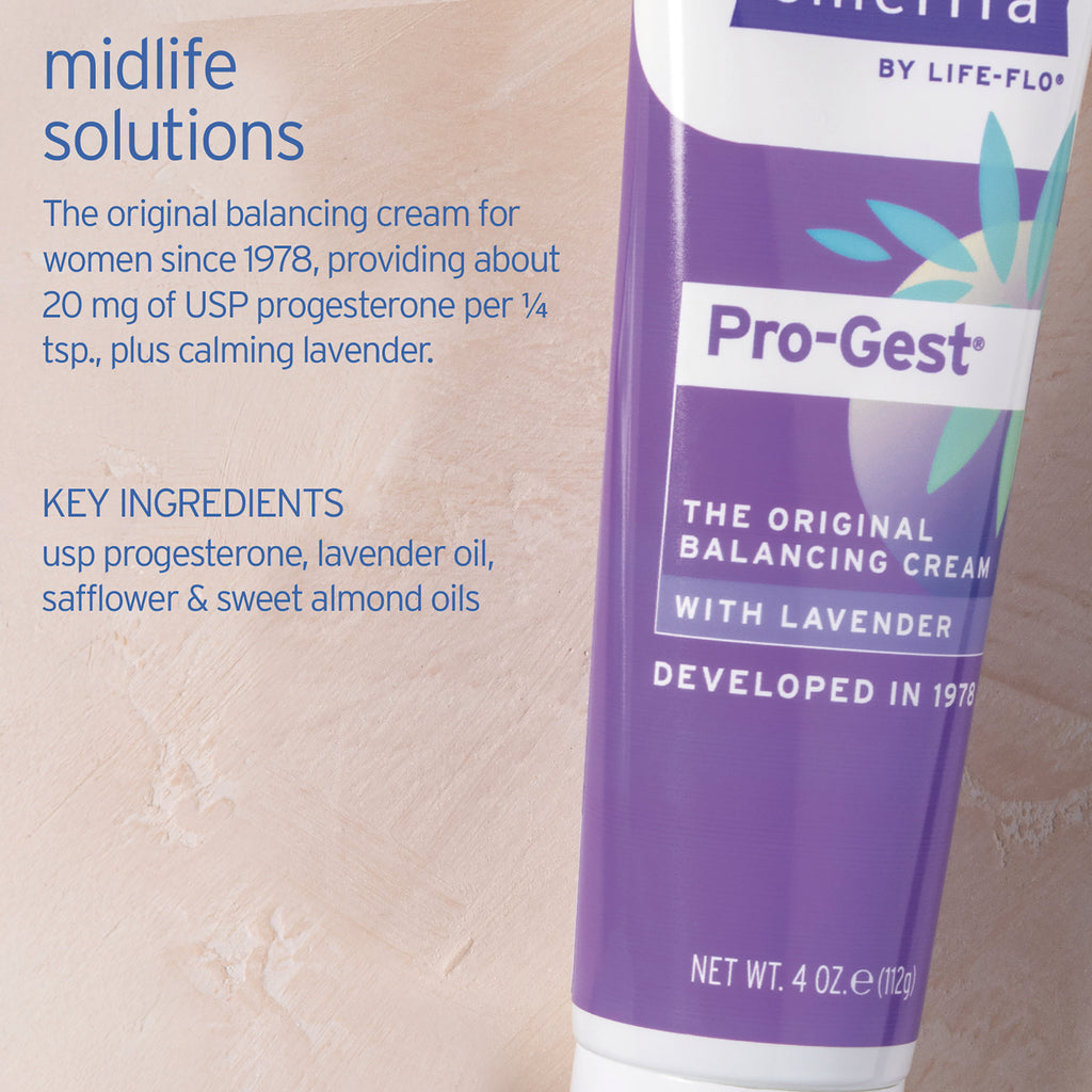 EMR032 | back of purple Pro-Gest balancing cream tube showing key ingredients including USP progesterone and net wt 4 oz - Thumbnail