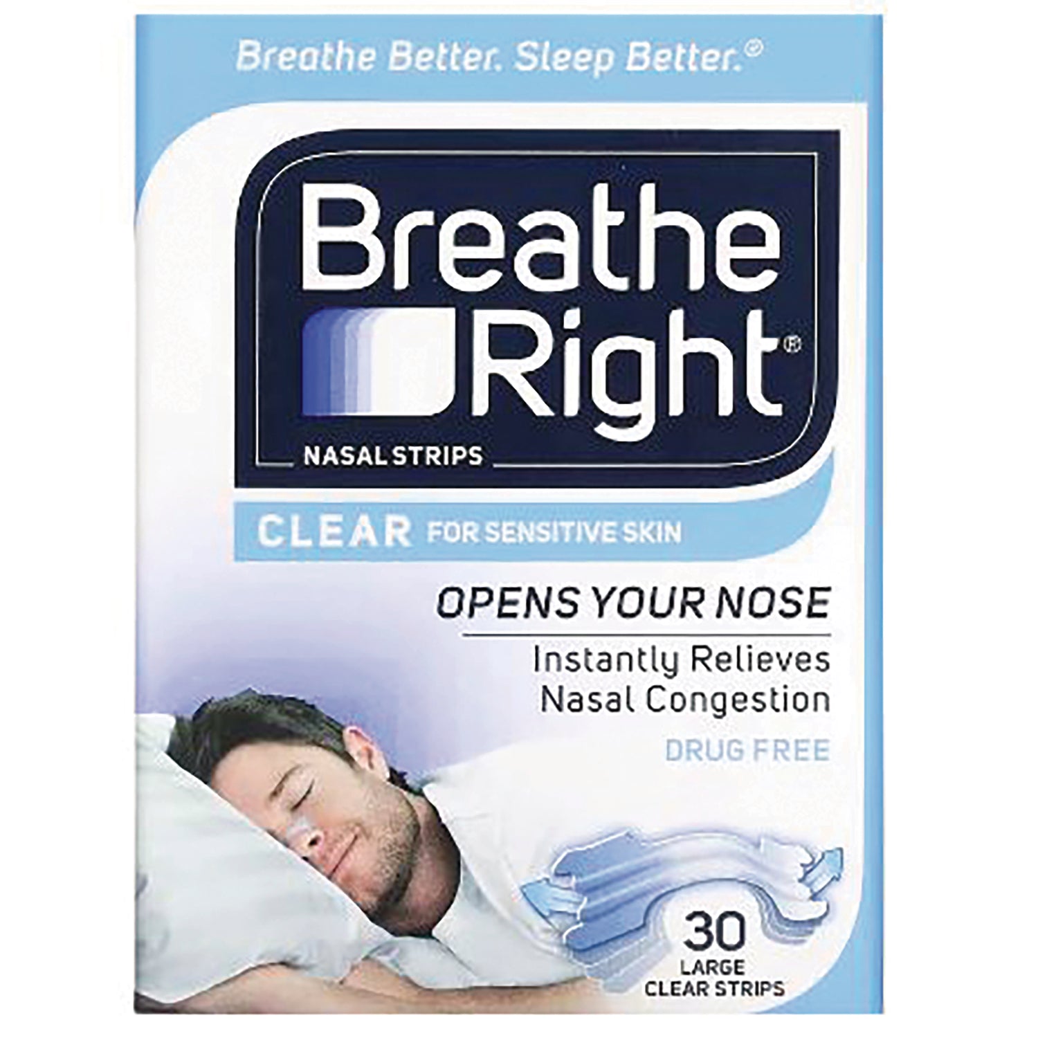 GSK010 | Breathe Right clear nasal strips box for sensitive skin, front showing sleeping man and 30 large strips