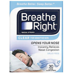 GSK010 | Breathe Right clear nasal strips box for sensitive skin, front showing sleeping man and 30 large strips