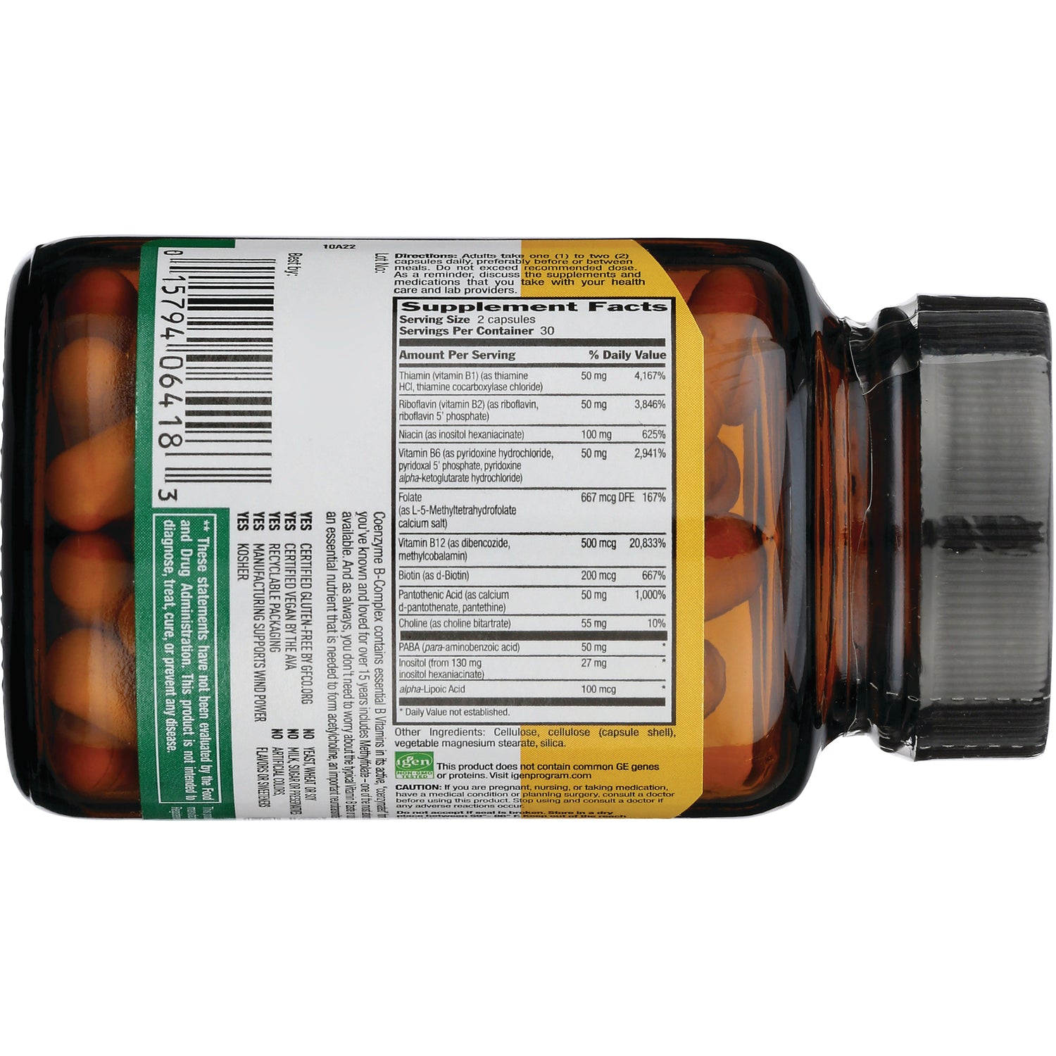 CRL216 | back of amber supplement bottle showing Supplement Facts panel, ingredients list and barcode
