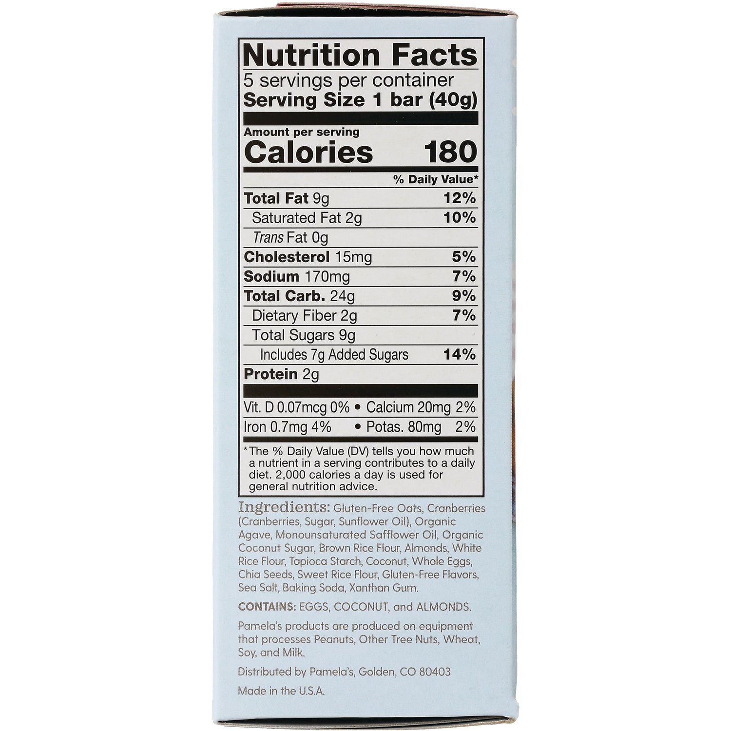 PAM011 | Back panel with Nutrition Facts showing 180 calories and ingredient list