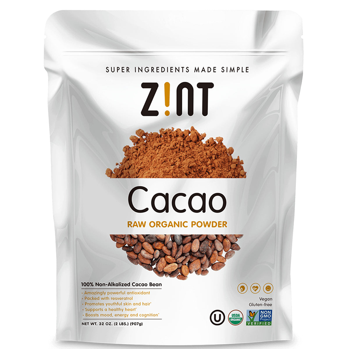 ZIN009 | Z!NT Cacao Raw Organic Powder pouch, 32 oz; USDA Organic, Non-GMO, vegan, gluten-free
