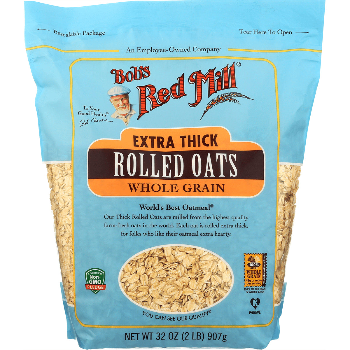 BOB340 | Bob's Red Mill Extra Thick Rolled Oats whole grain front package, 32 oz