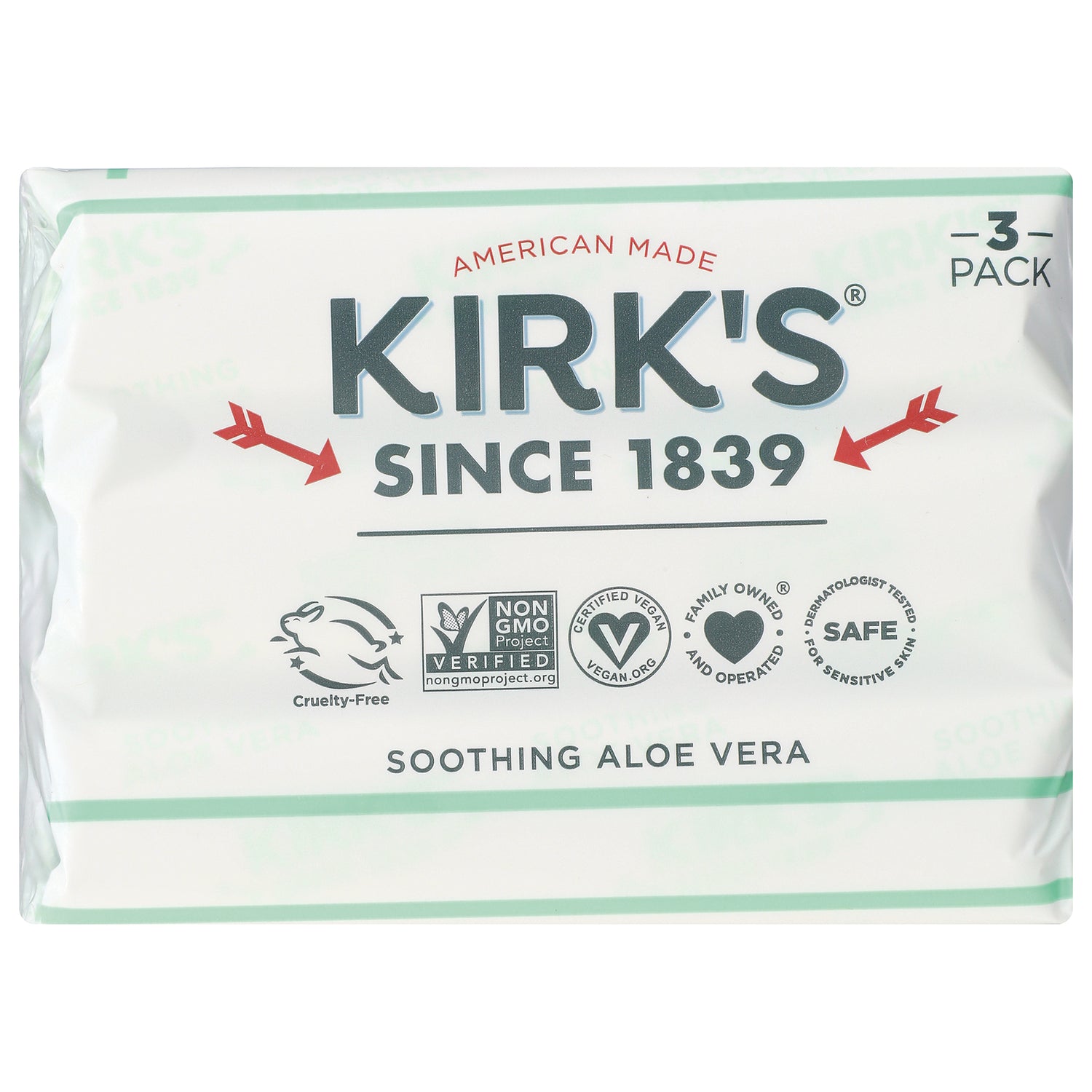 KIR013 | Kirk's soap package front labeled KIRK'S SINCE 1839 SOOTHING ALOE VERA with certification icons