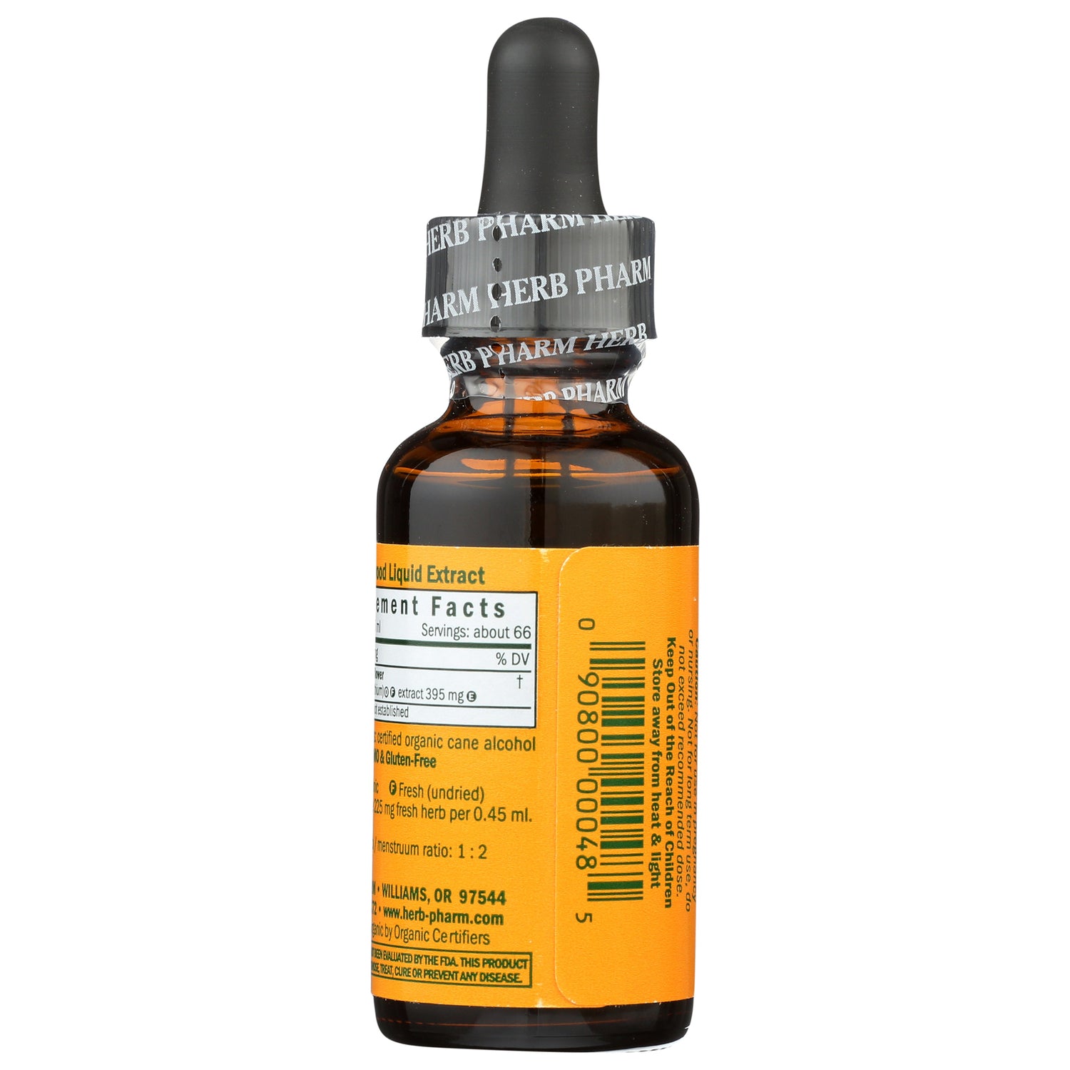 Herb Pharm liquid extract bottle with dropper cap and orange label, back label visible