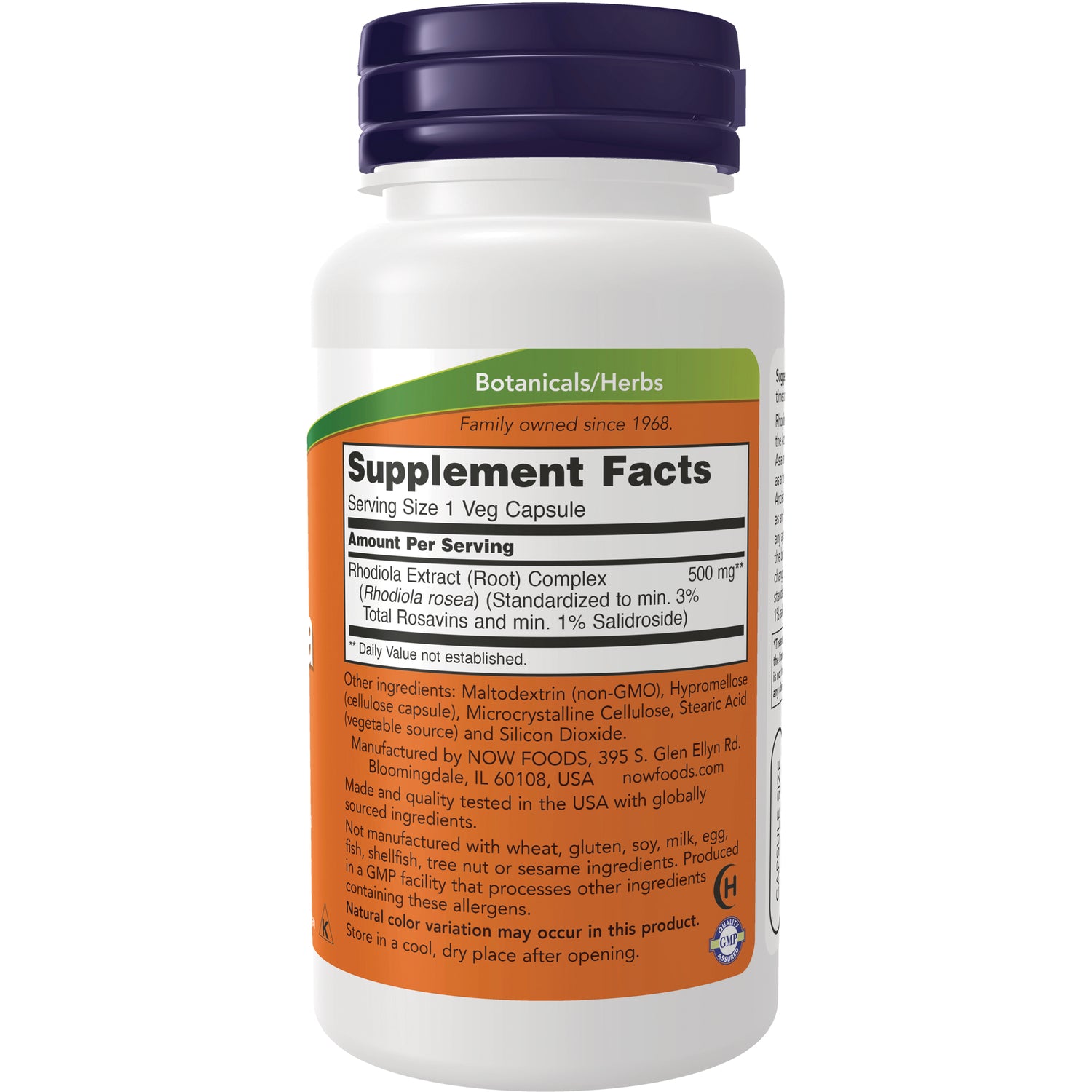 NWF271 | Back of white supplement bottle showing Supplement Facts panel and ingredients for Rhodiola extract