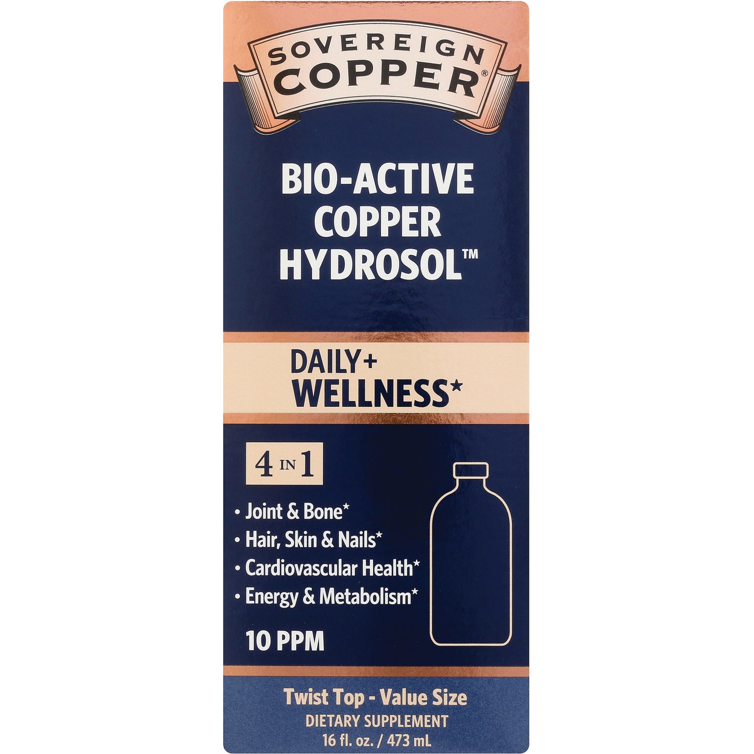 SSL013 | Sovereign Copper Bio-Active Copper Hydrosol front label, Daily+ Wellness, 16 fl oz