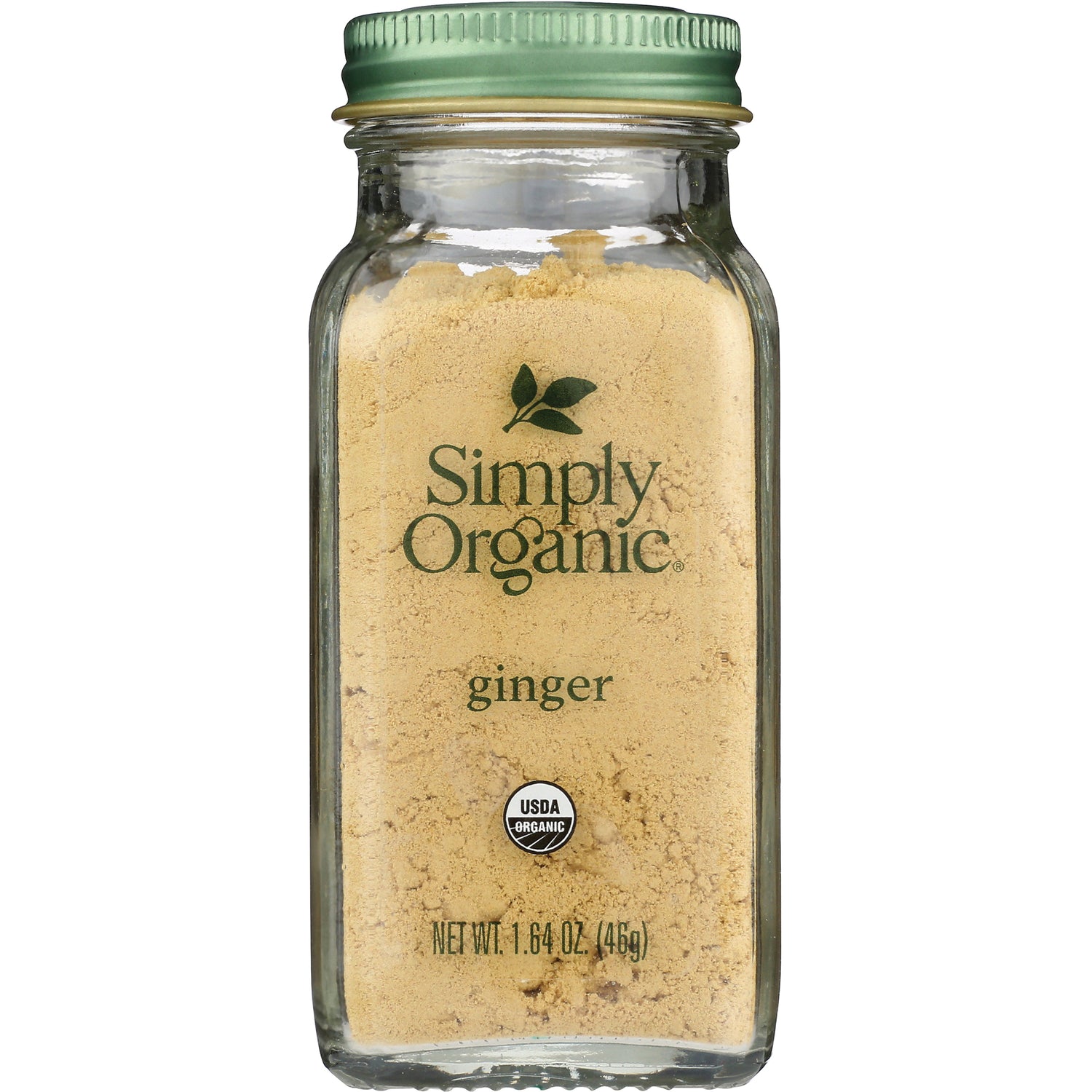 SMP010 | Glass jar labeled Simply Organic ginger powder with green lid and USDA Organic seal