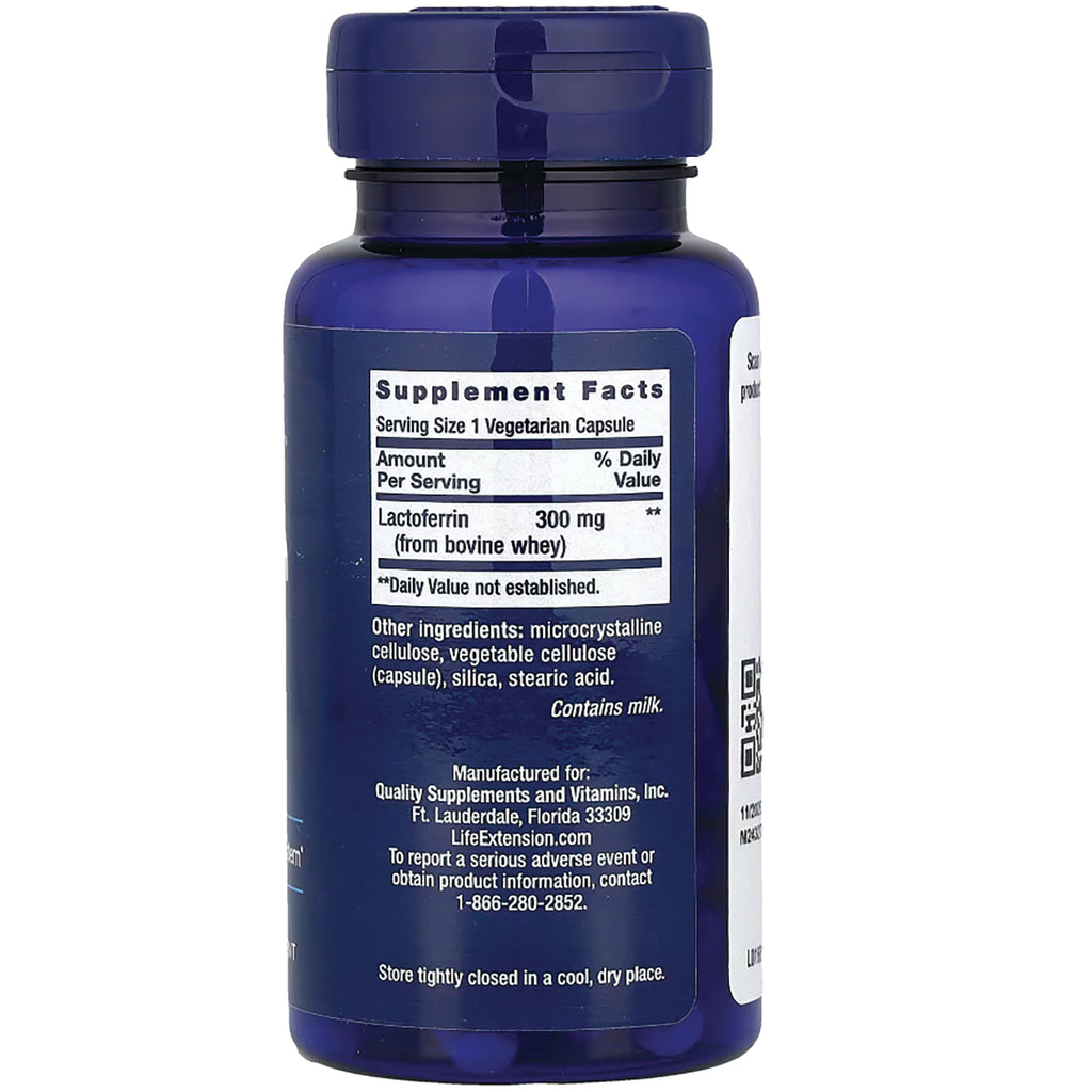 LE219 | Back of blue supplement bottle showing Supplement Facts panel listing Lactoferrin 300 mg and contains milk - Thumbnail