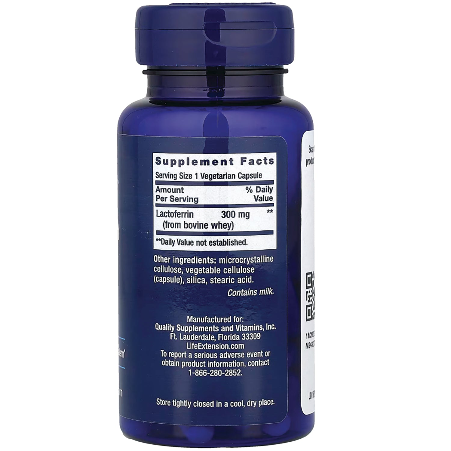 LE219 | Back of blue supplement bottle showing Supplement Facts panel listing Lactoferrin 300 mg and contains milk