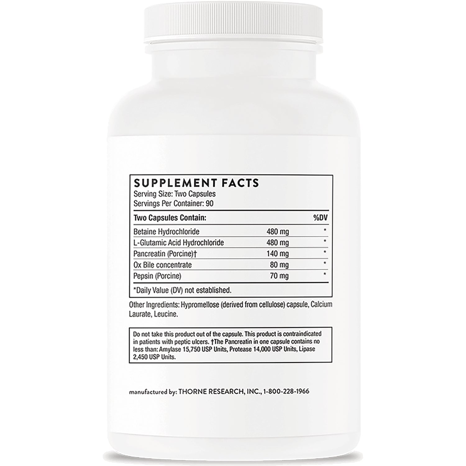TRN030 | Back label with Supplement Facts: betaine HCl, L-glutamic acid HCl, pancreatin, ox bile, pepsin