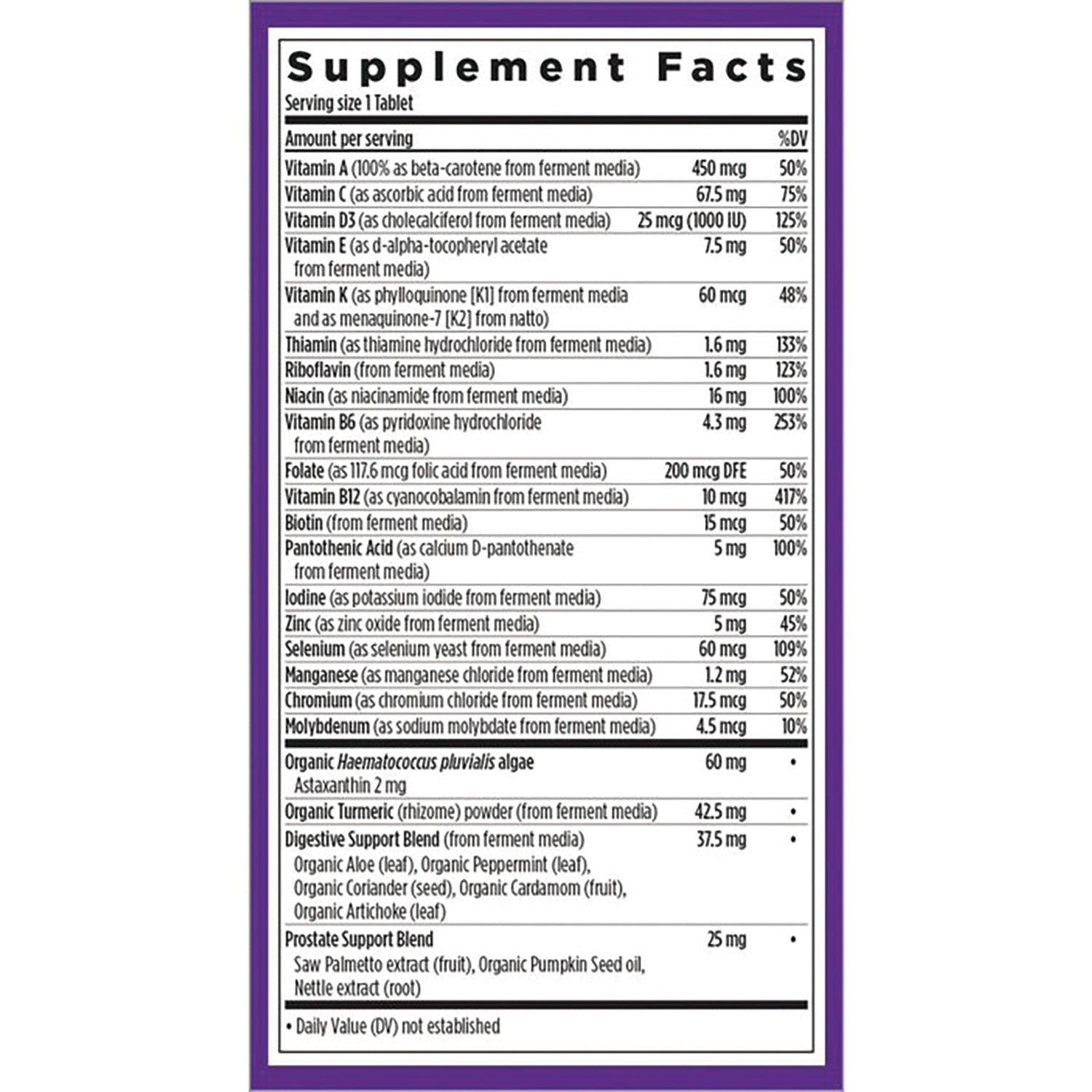 NWC320 | Supplement Facts panel showing vitamins, minerals, blends and serving size 1 tablet