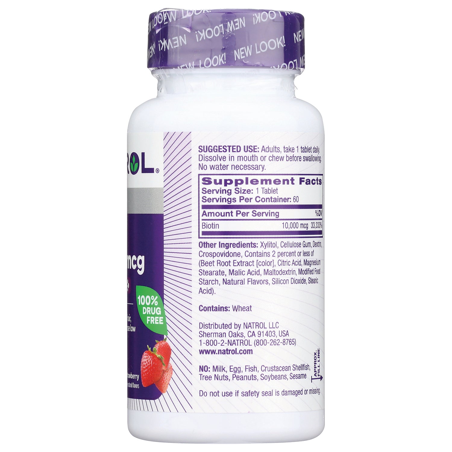 NA555 | back of white supplement bottle showing Supplement Facts table, ingredients list and contains: Wheat