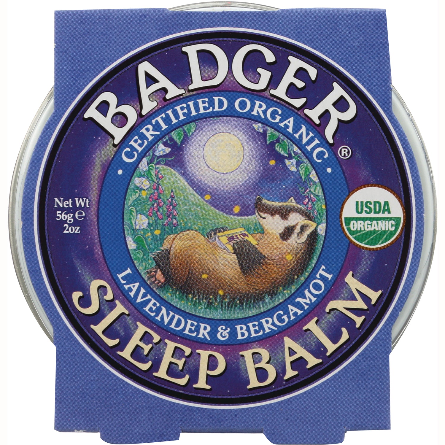 BAD010 | Badger Sleep Balm tin, lavender & bergamot label with reclining badger illustration and USDA Organic seal