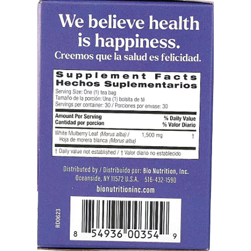 BNN020 | Back panel showing Supplement Facts listing White Mulberry Leaf 1,500 mg, distributor info and barcode - Thumbnail