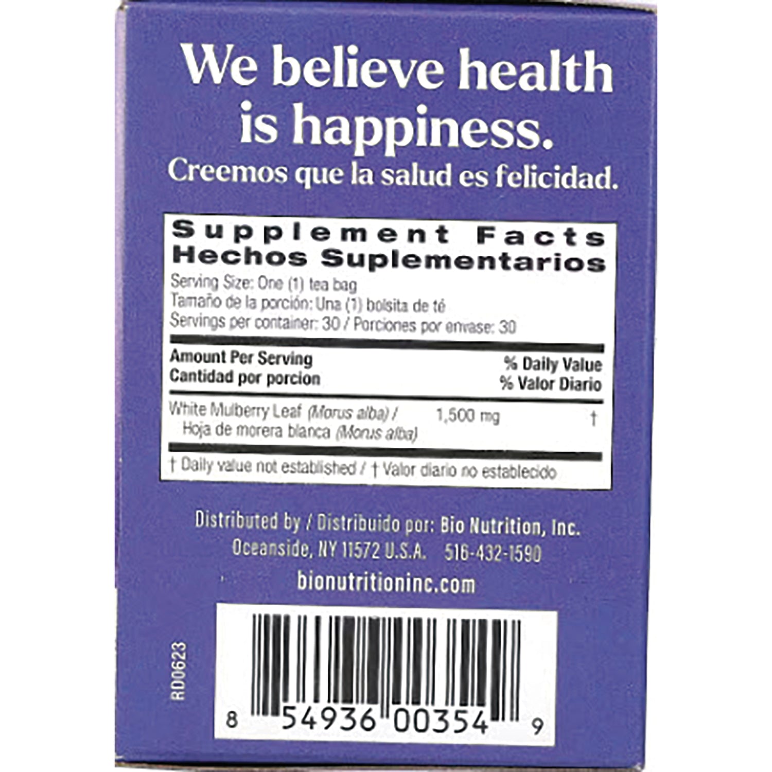 BNN020 | Back panel showing Supplement Facts listing White Mulberry Leaf 1,500 mg, distributor info and barcode