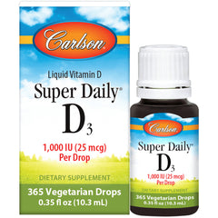 CSN204 | Carlson Super Daily D3 liquid vitamin 1,000 IU (25 mcg) per drop bottle and box, 365 vegetarian drops