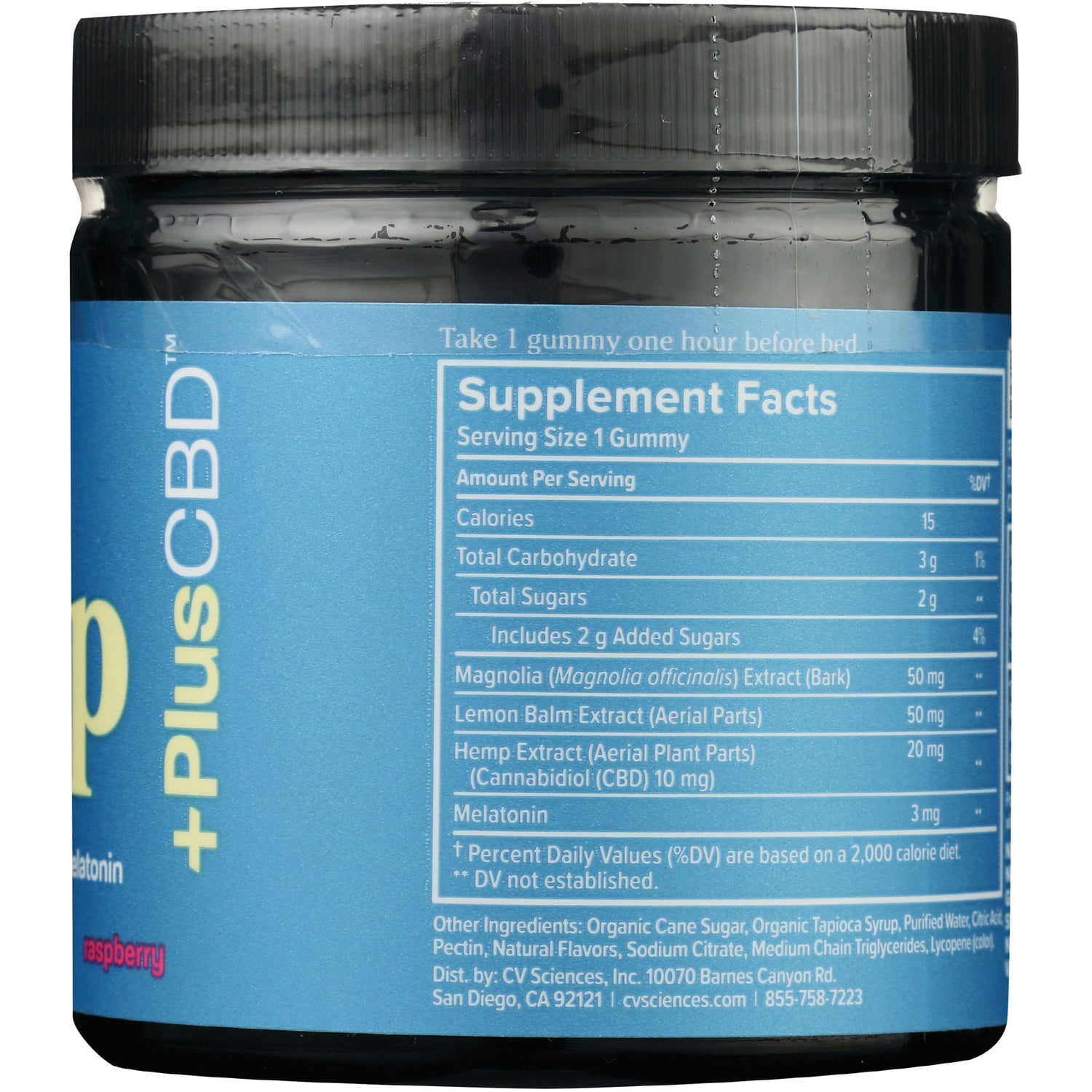 CV033 | Back of blue supplement jar showing Supplement Facts label, serving size 1 gummy, hemp extract (CBD) 10 mg and melatonin 3 mg
