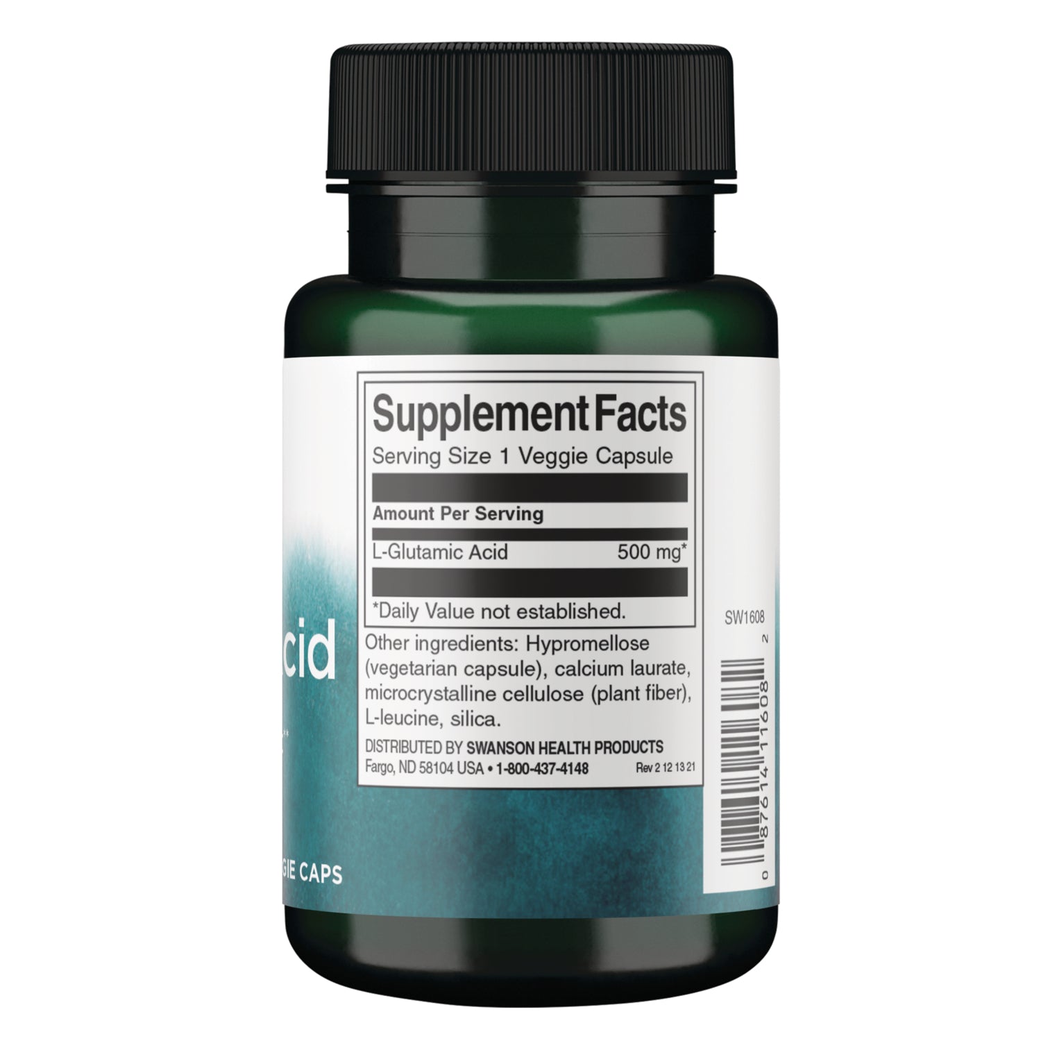 SW1608 | Back label with Supplement Facts for L-Glutamic Acid 500 mg, serving size 1 veggie capsule
