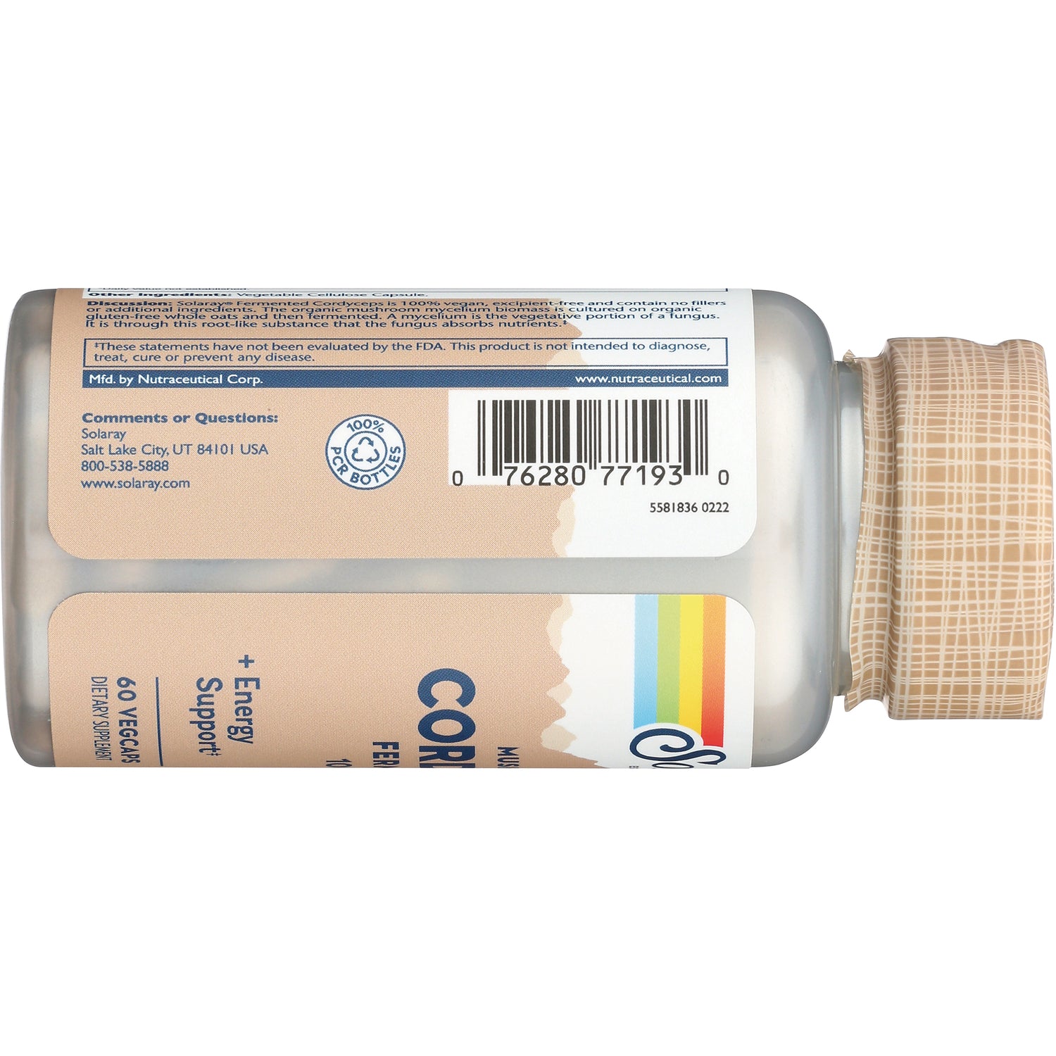 SLR460 | product infographic showing horizontal bottle back label with barcode, contact details, and patterned beige cap