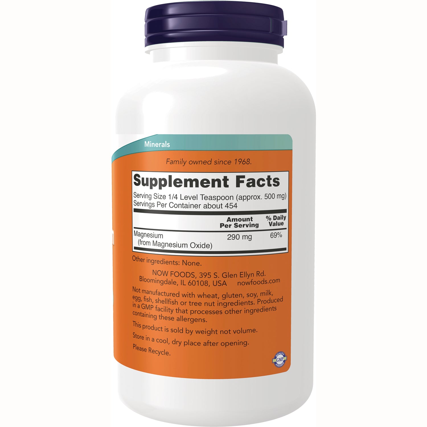 NWF196 | Back label showing Supplement Facts with Magnesium 290 mg, serving size and manufacturer details