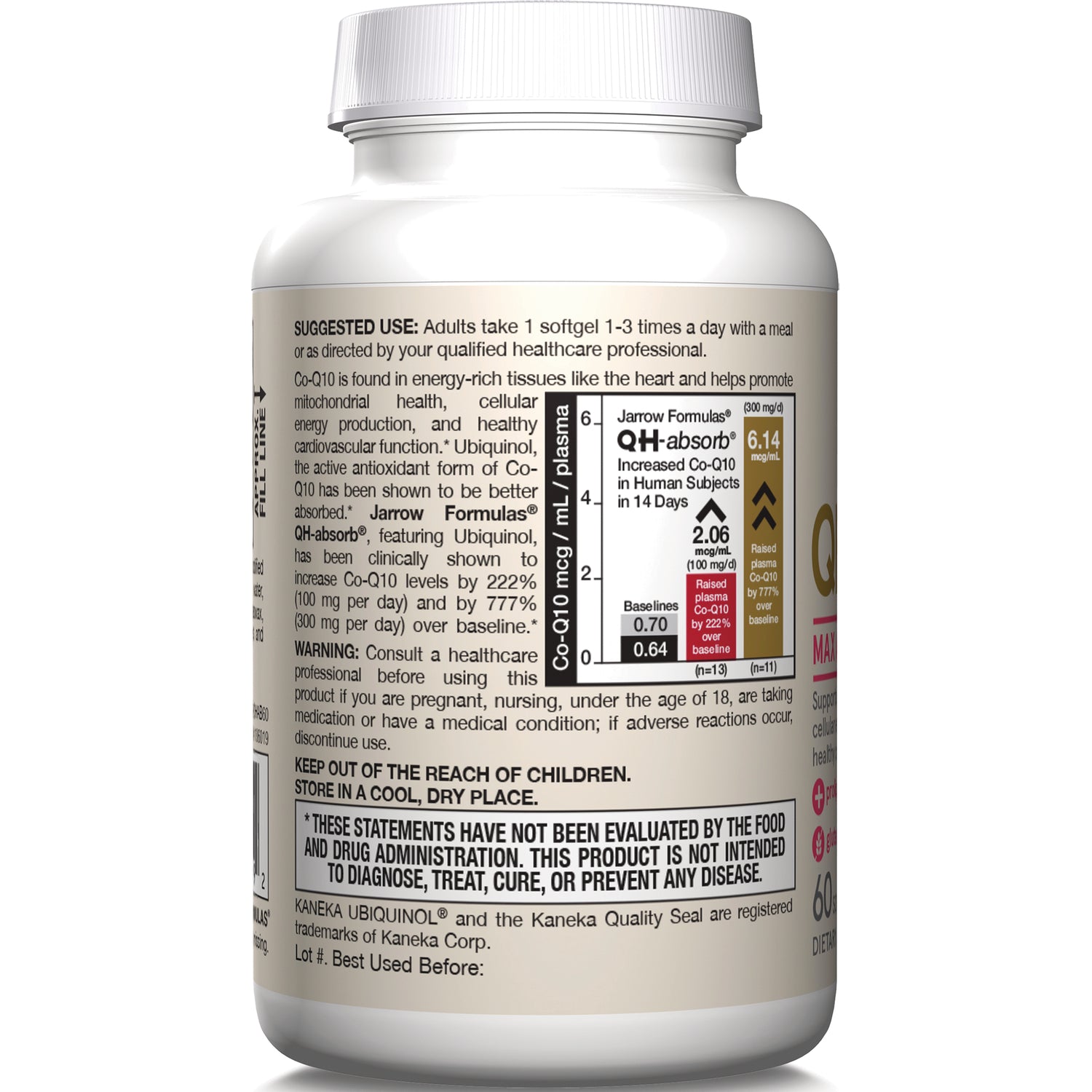 JR126 | Back label of supplement bottle showing suggested use, warning, and a Co-Q10 plasma chart
