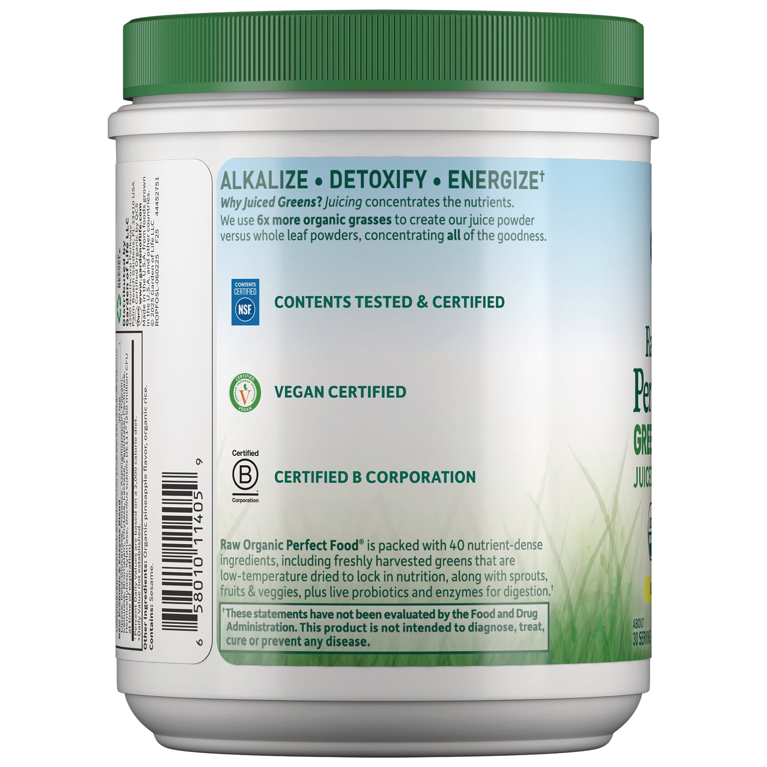 GLF048 | Back of supplement jar showing certifications, vegan certified, certified B Corporation, barcode and product description