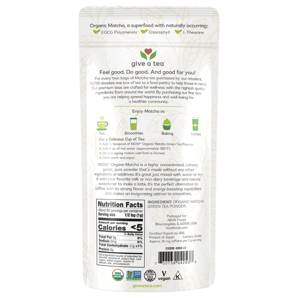NWF1419 | Back of matcha powder pouch showing Nutrition Facts, INGREDIENT: ORGANIC MATCHA GREEN TEA POWDER, usage icons and give a tea branding - Thumbnail