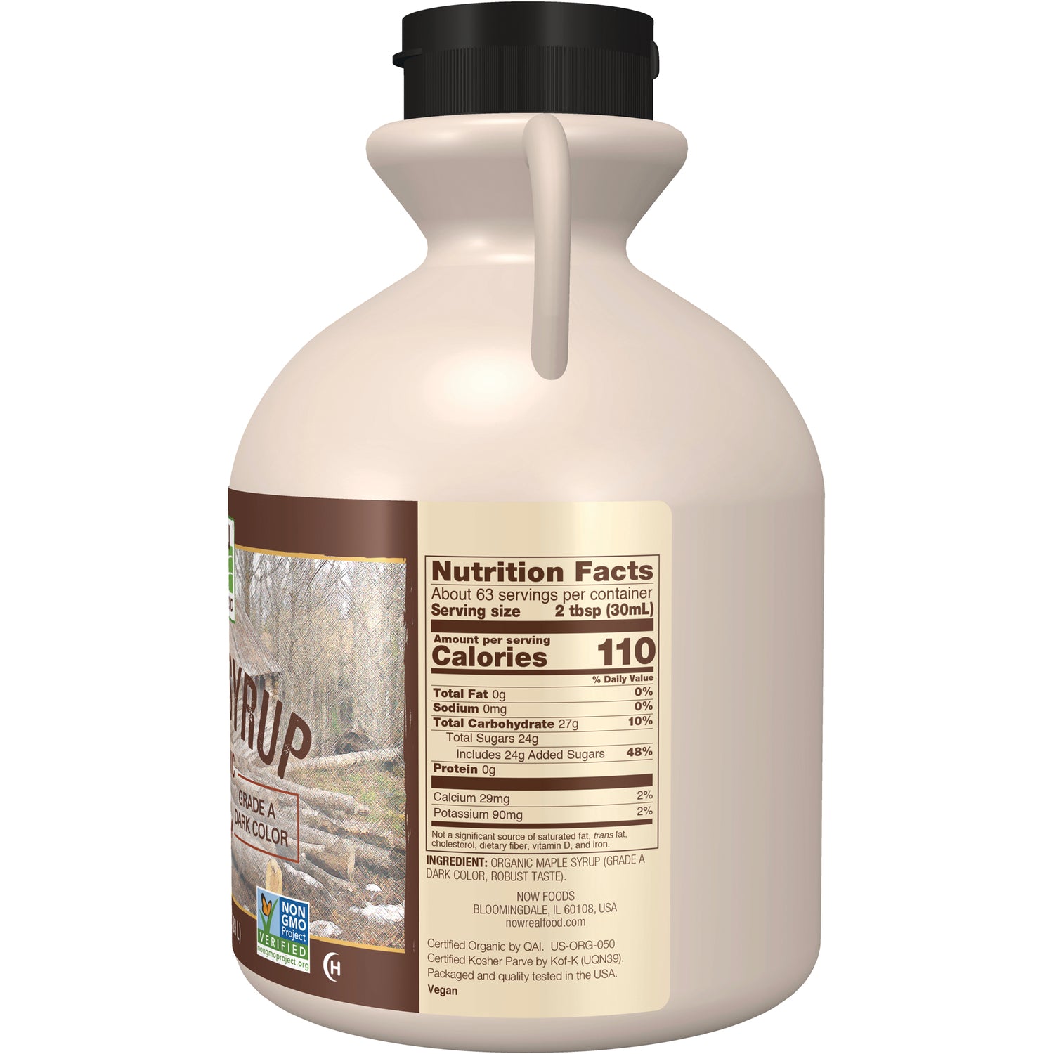 NWF926 | back of beige syrup bottle showing Nutrition Facts label, ingredient list, and certification icons