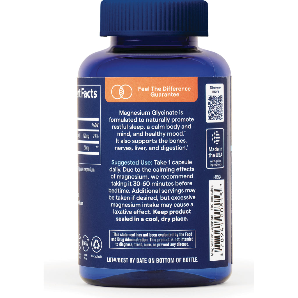 TM152 | Back label of Magnesium Glycinate capsules with directions, Feel The Difference Guarantee, QR code, and barcode - Thumbnail