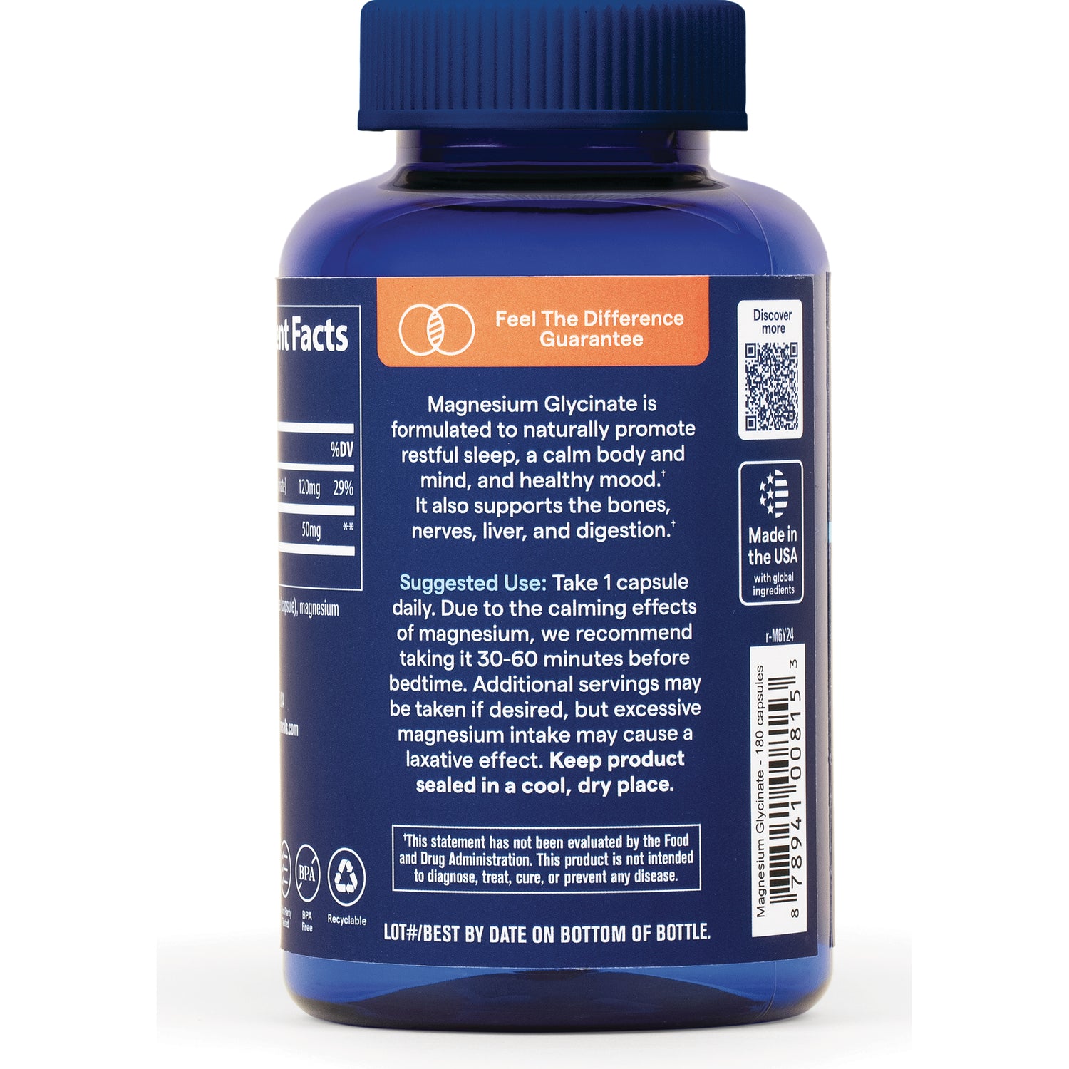 TM152 | Back label of Magnesium Glycinate capsules with directions, Feel The Difference Guarantee, QR code, and barcode