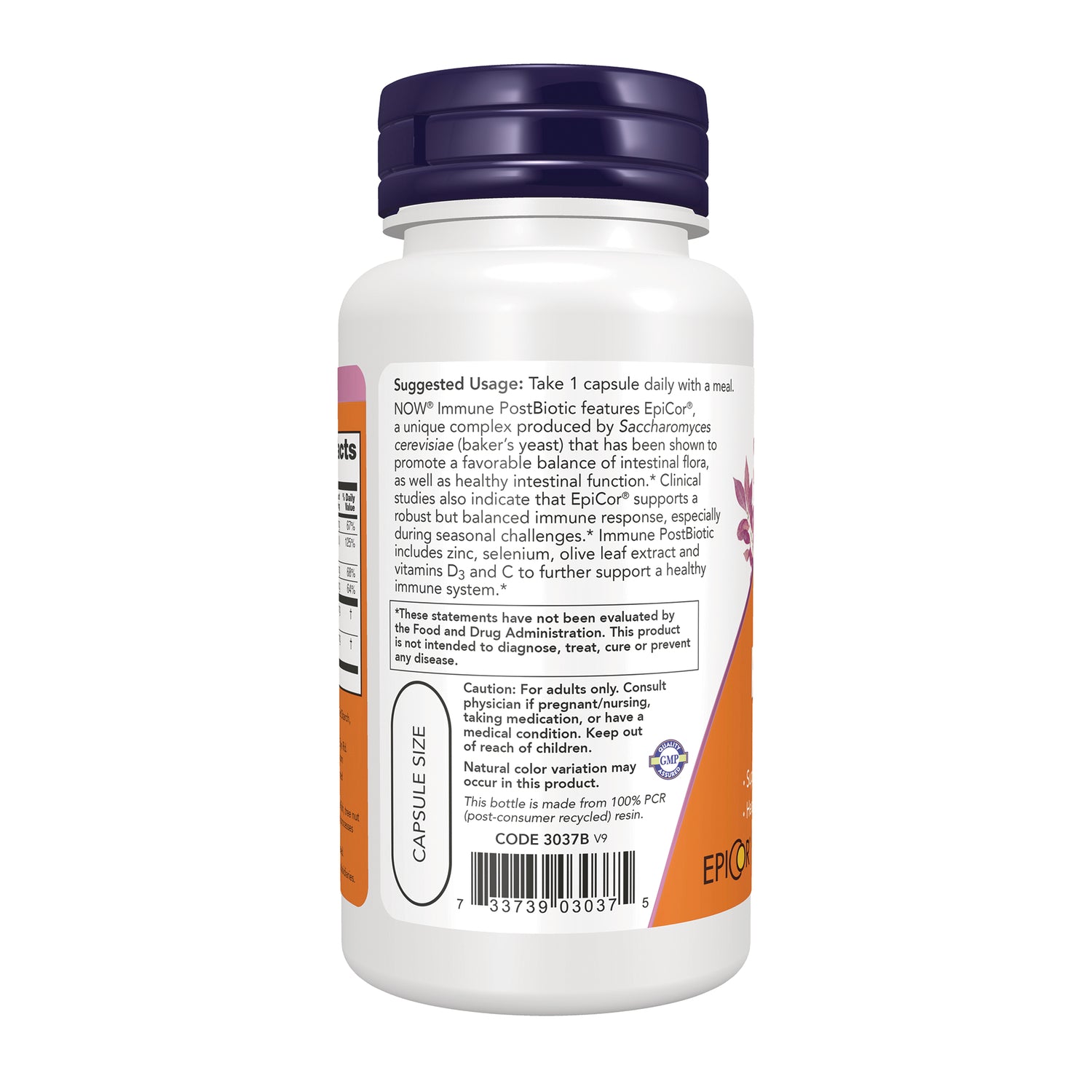 NWF946 | Back label of NOW Immune PostBiotic capsule bottle with usage directions, warnings, and barcode
