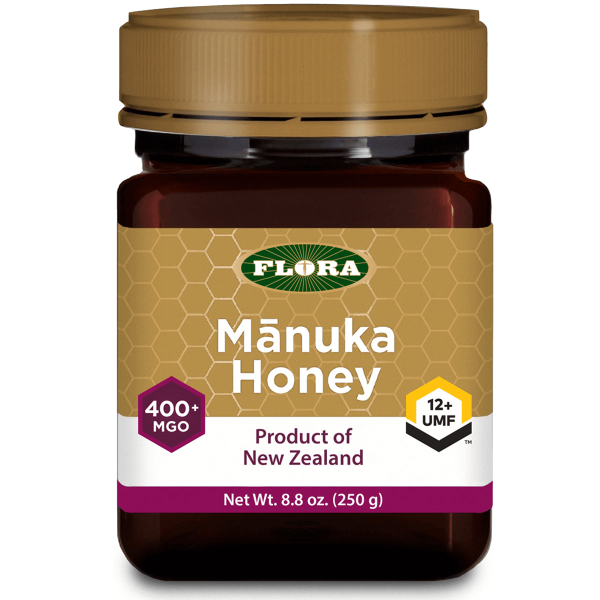 FL088 | Flora Manuka Honey jar labeled 400+ MGO, 12+ UMF, Net Wt 8.8 oz (250 g), product of New Zealand