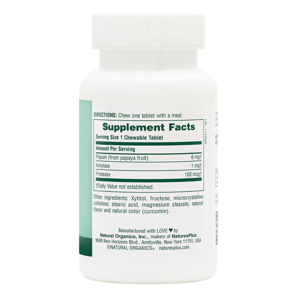 NTP142 | Back label with Supplement Facts panel showing serving size 1 chewable tablet and enzymes papain, amylase, protease - Thumbnail