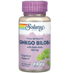 SLR355 | Solaray Ginkgo Biloba 120 mg dietary supplement bottle with pink label, 60 vegcaps and ginkgo leaf illustration