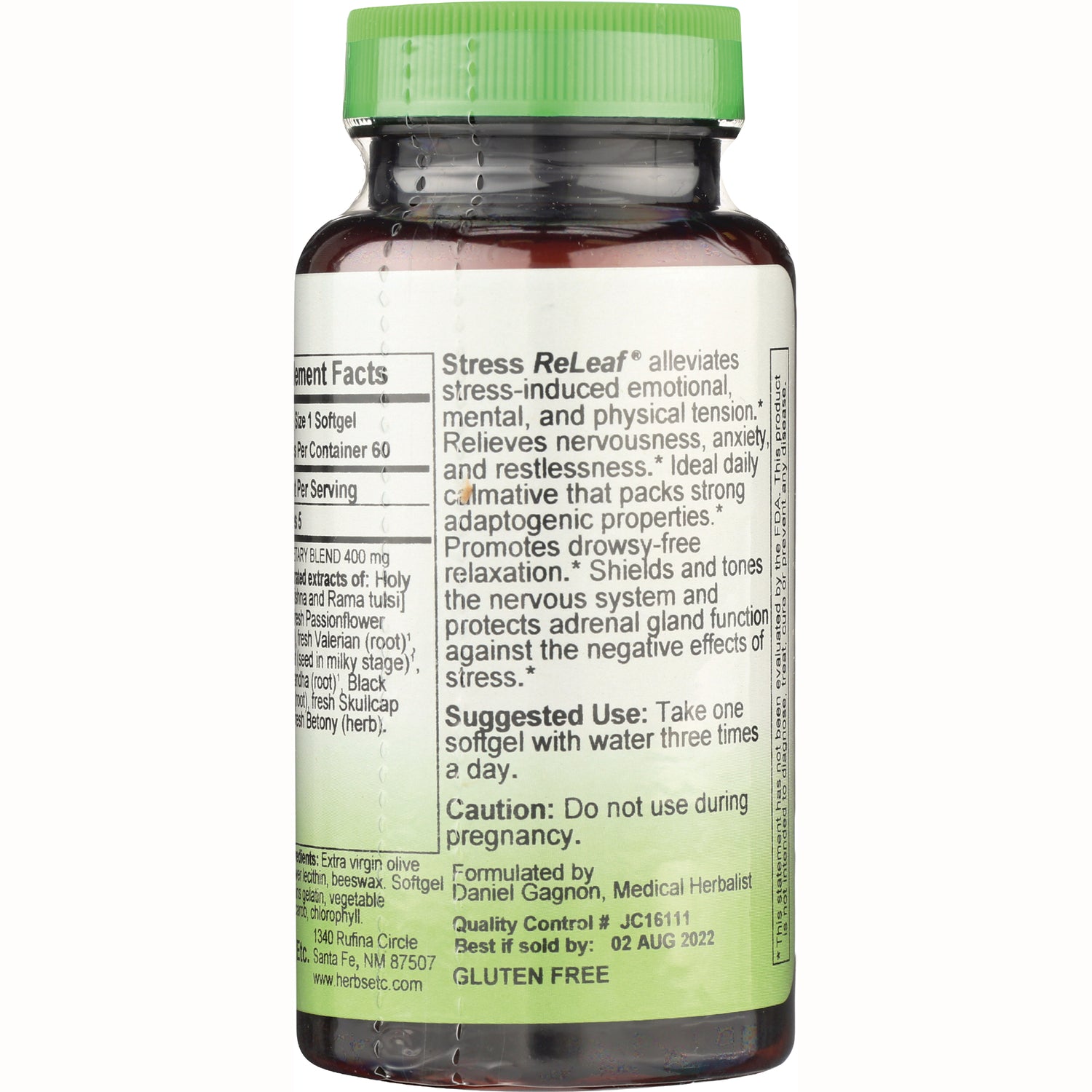HE109 | Back label of supplement bottle showing ingredients, suggested use, caution, and GLUTEN FREE