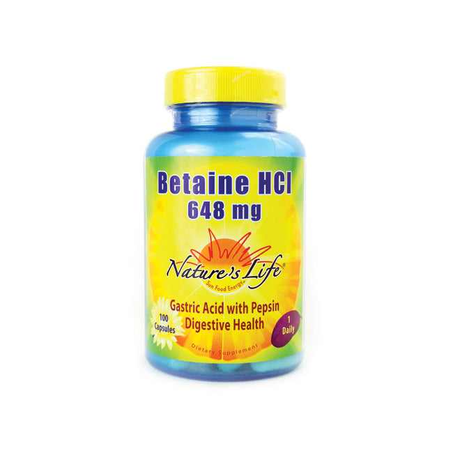 NSL006 | Bottle of Nature's Life Betaine HCl 648 mg dietary supplement, 100 capsules, yellow label