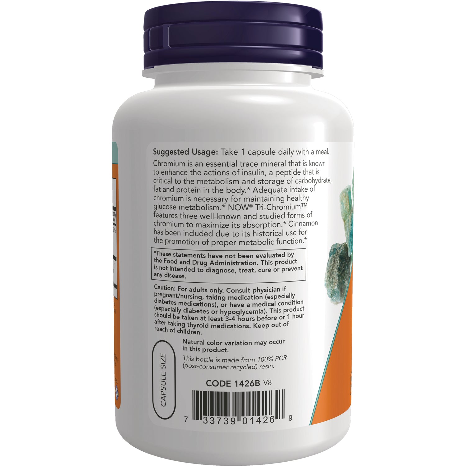 Back label showing suggested usage, cautions, and barcode on supplement bottle