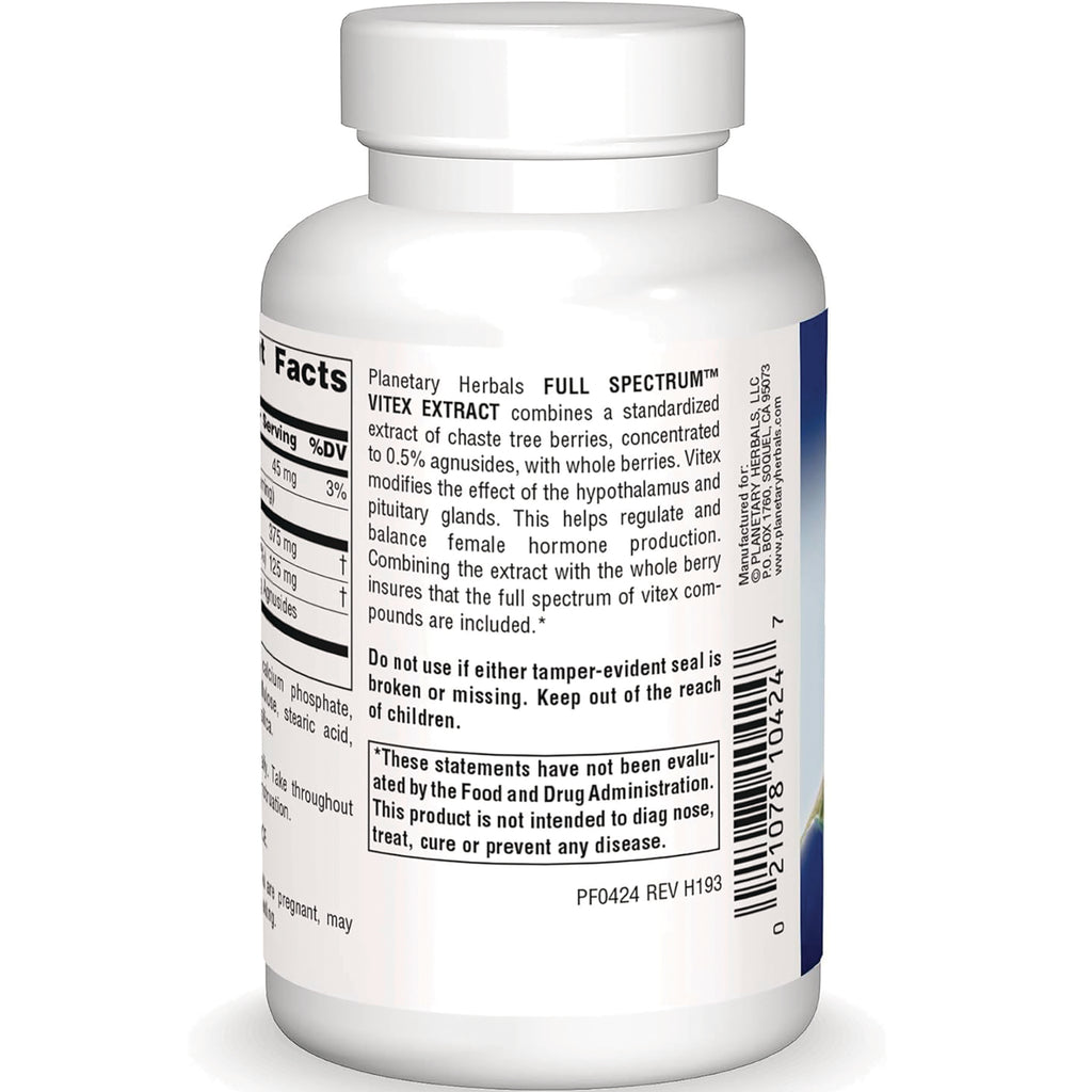 PF064 | Back of white supplement bottle showing supplement facts, Vitex extract description, warning box and barcode - Thumbnail