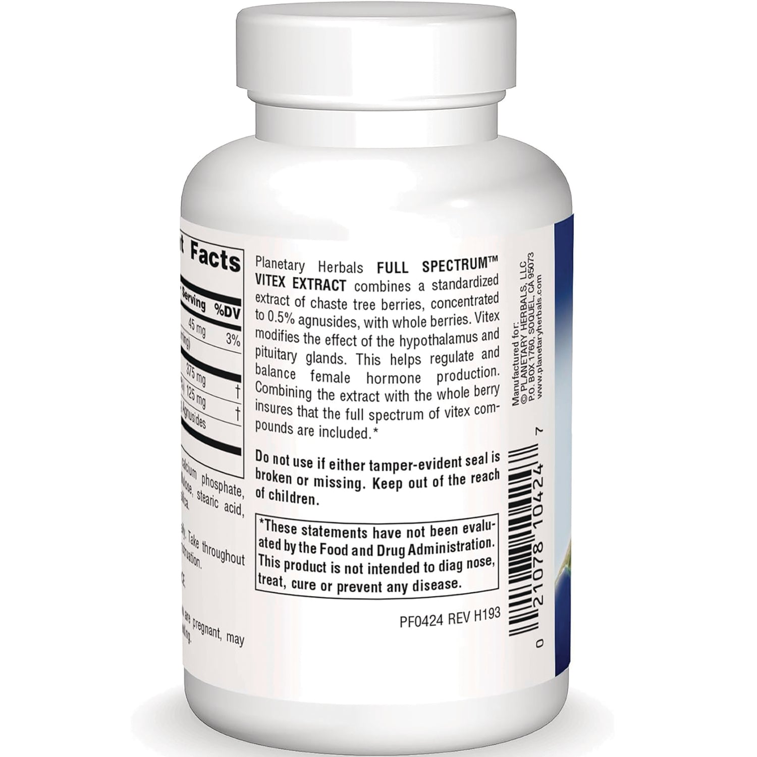 PF064 | Back of white supplement bottle showing supplement facts, Vitex extract description, warning box and barcode