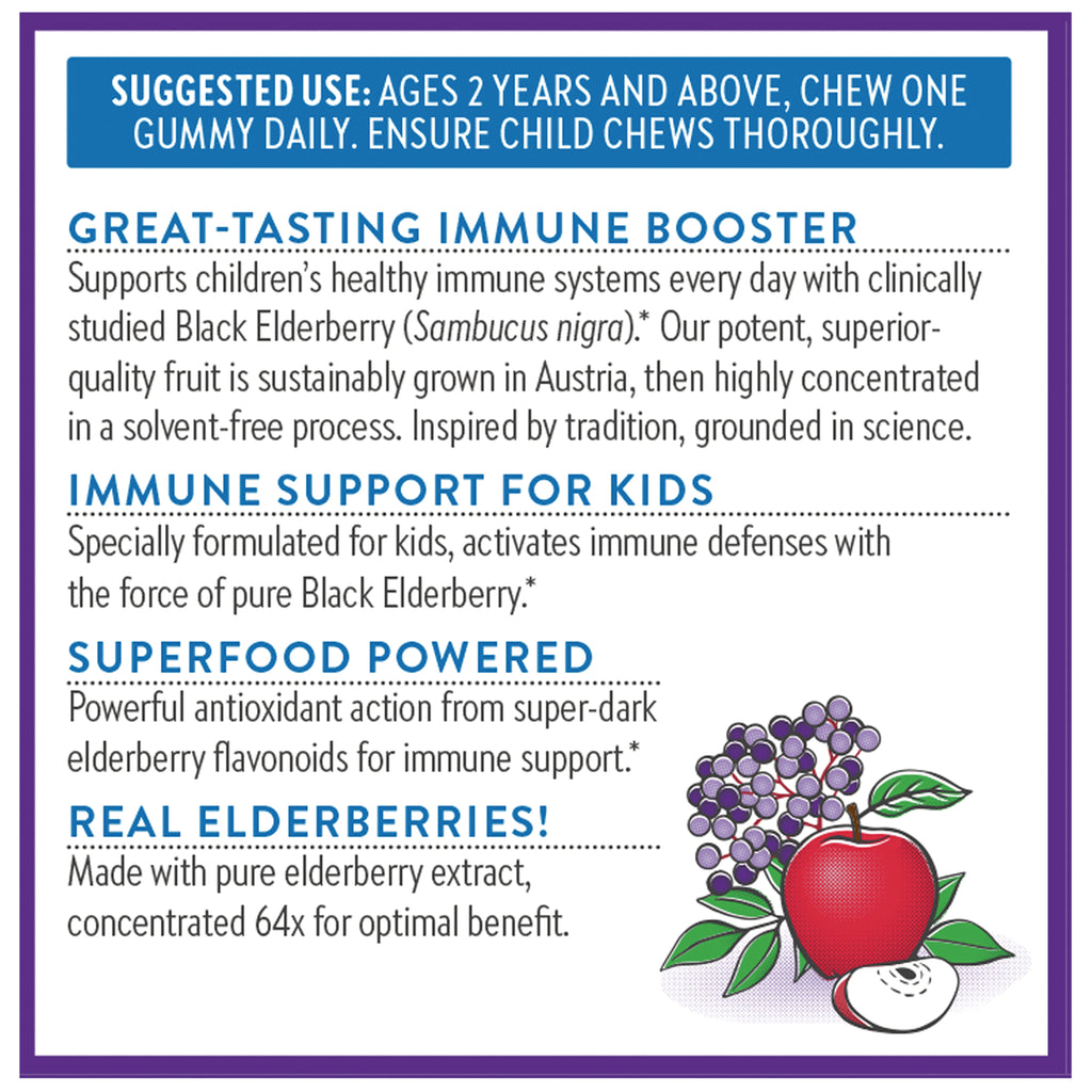 NWC354 | Back panel with suggested use and elderberry benefits text plus apple and elderberry illustration - Thumbnail