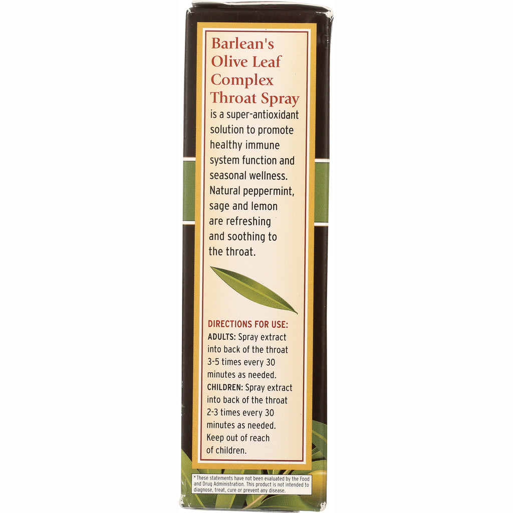 BAR058 | Back panel of Barlean's Olive Leaf Complex Throat Spray showing directions for use and product description - Thumbnail