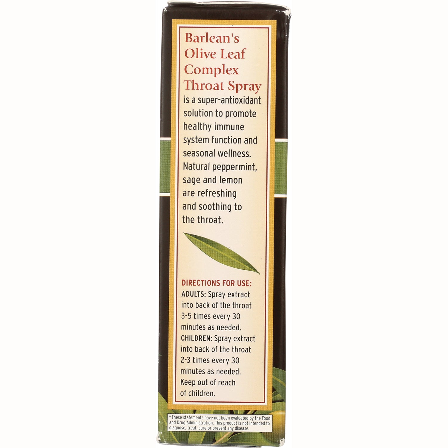 BAR058 | Back panel of Barlean's Olive Leaf Complex Throat Spray showing directions for use and product description