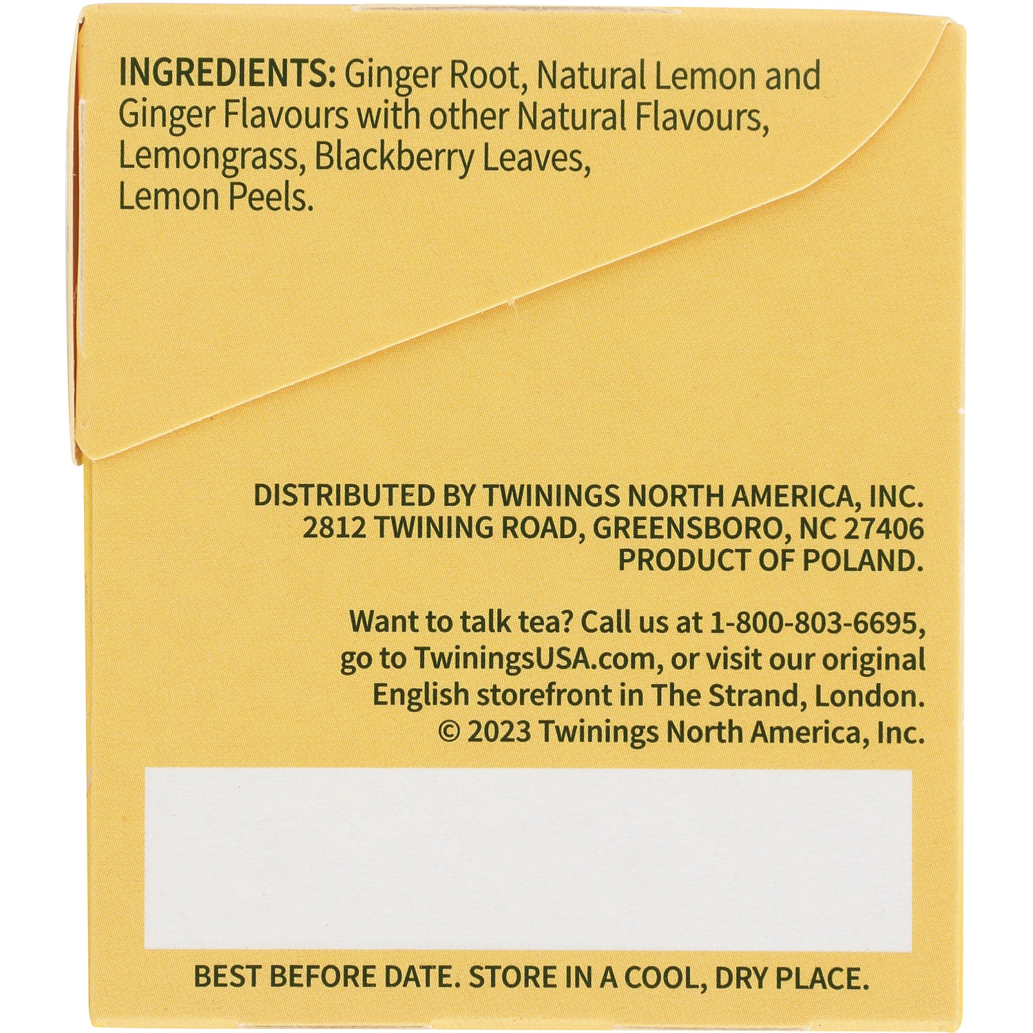 TWN017 | Back of Twinings tea box with ingredients: ginger root, lemon and ginger flavours, lemongrass, blackberry leaves